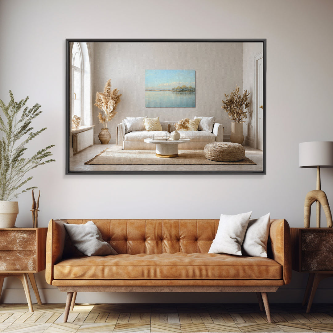 Peaceful Lake Reflection at Dawn Framed Canvas Print, Waiting Room Art, Living Room Wall Art, Waiting Room Decor, Calm, WRA-3x2-8