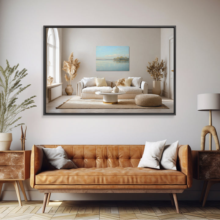 Peaceful Lake Reflection at Dawn Framed Canvas Print, Waiting Room Art, Living Room Wall Art, Waiting Room Decor, Calm, WRA-3x2-8