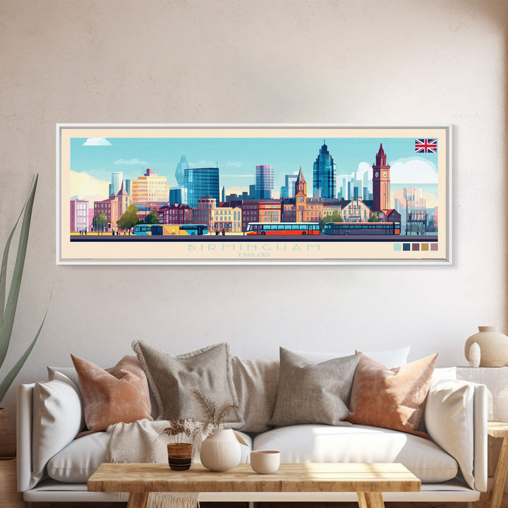 Birmingham, England Travel Poster Panoramic Canvas Print, Birmingham, England Painting, England Art, Birmingham Travel Art, Guest Room Painting