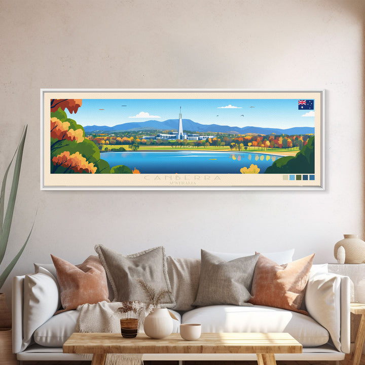 Canberra, Australia Panoramic Travel Poster Canvas Print, Canberra, Australia Painting, Australia Art, Canberra Travel Art, Guest Room Painting
