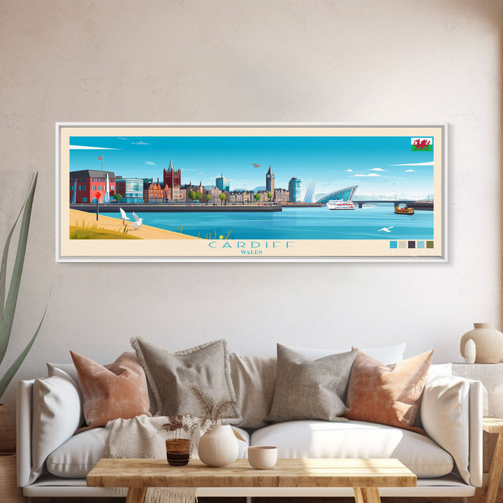 Cardiff, Wales Travel Poster Panoramic Canvas Print, Cardiff, Wales Painting, Wales Art, Cardiff Travel Art, Guest Room Painting