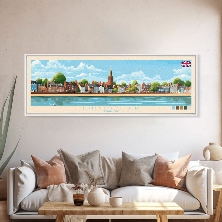 Chichester, England Panoramic Travel Poster Canvas Print, Chichester, England Painting, England Art, Chichester Panoramic Travel Art, Travel Painting