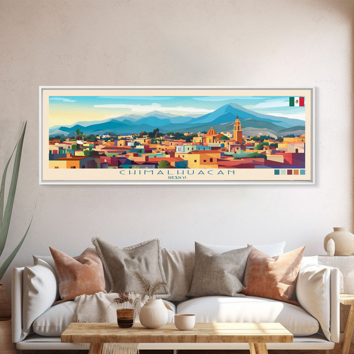 Chimalhuacan, Mexico Panoramic Travel Poster Canvas Print, Chimalhuacan, Mexico Painting, Mexico Art, Chimalhuacan Travel Art, Guest Room Painting