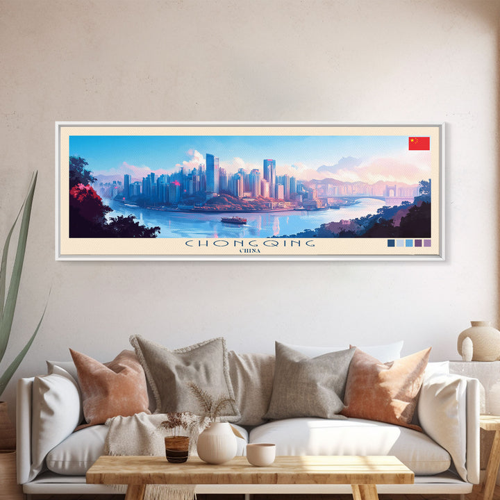 Chongqing, China Panoramic Travel Poster Canvas Print, Chongqing, China Painting, China Art, Chongqing Travel Art, Guest Room Painting