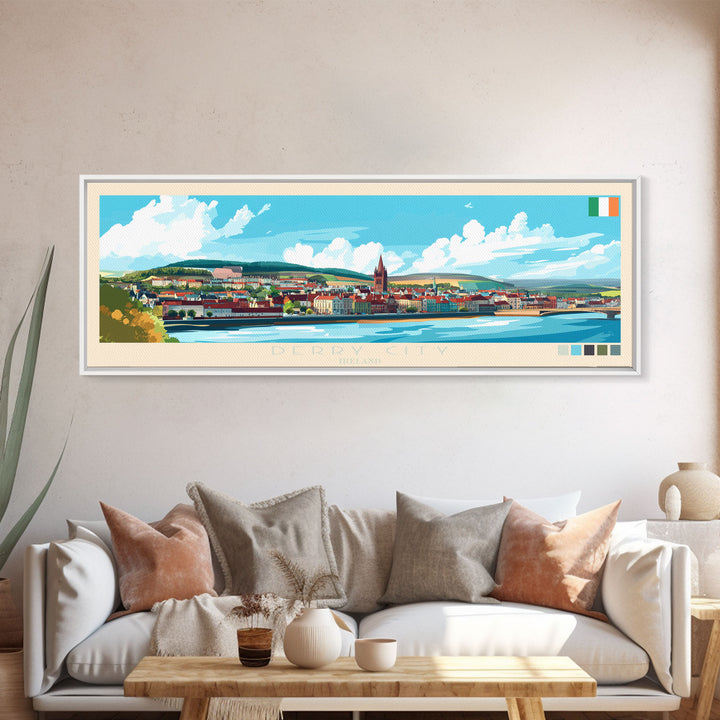 Panoramic Travel Poster Derry City, Ireland Canvas Print, Derry City, Ireland Painting, Ireland Art, Derry City Travel Art, Guest Room Painting