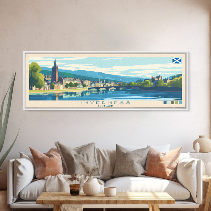 Inverness, Scotland Panoramic Travel Poster Canvas Print, Inverness, Scotland Painting, Scotland Art, Inverness Travel Art, Living Room Painting