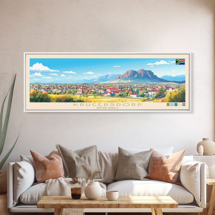 Krugersdorp, South Africa Panoramic Travel Poster Canvas Print, Krugersdorp, South Africa Painting, South Africa Art, Krugersdorp Panoramic Travel Art, Travel Painting