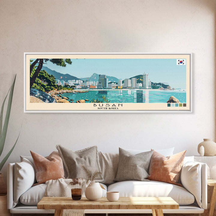 Busan, South Korea Panoramic Canvas Print, Busan, South Korea Painting, South Korea Art, Busan Travel Poster, Travel Art, Guest Room Painting