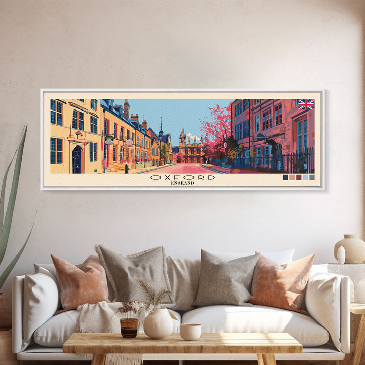 Oxford, England Panoramic Canvas Print, Oxford, England Painting, England Art, Oxford Travel Poster, Travel Art, Living Room Painting