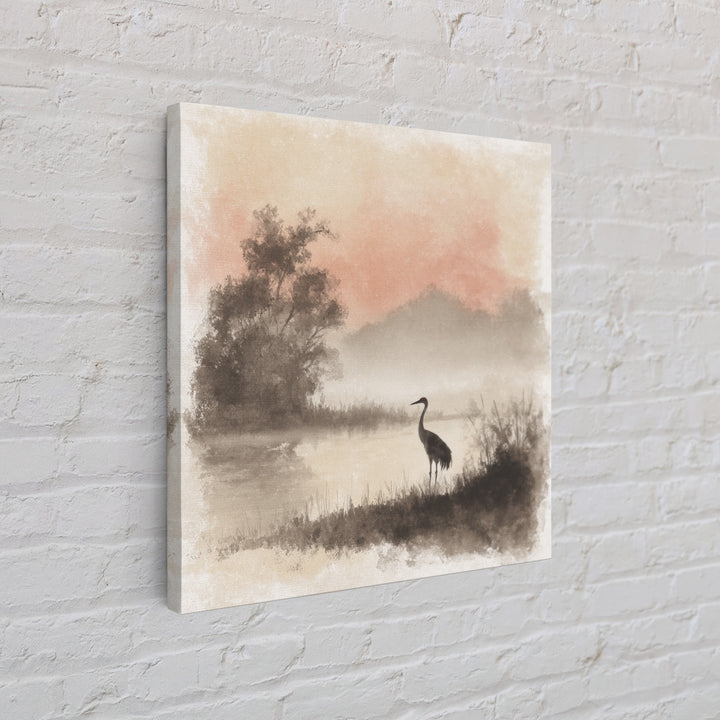 White Crane in Misty Morning Framed Canvas Print, Yoga Studio Art, Gym Art, Yoga Studio Decor, Balance, Minimalist Decor, YSA-1x1-63
