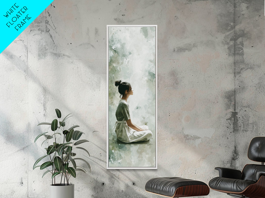 Soft Watercolor Aura Around Seated Figure Framed Canvas Print, Yoga Studio Art, Mandala Wall Art, Yoga Studio Decor, Balance, YSA-1x3-83