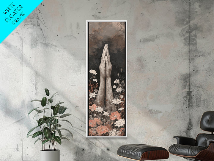 Yoga Hands in Prayer with Small Flowers Canvas Print, Yoga Studio Art, Feminine Wall Art, Yoga Studio Decor, Oil Painting, YSA-1x3-95