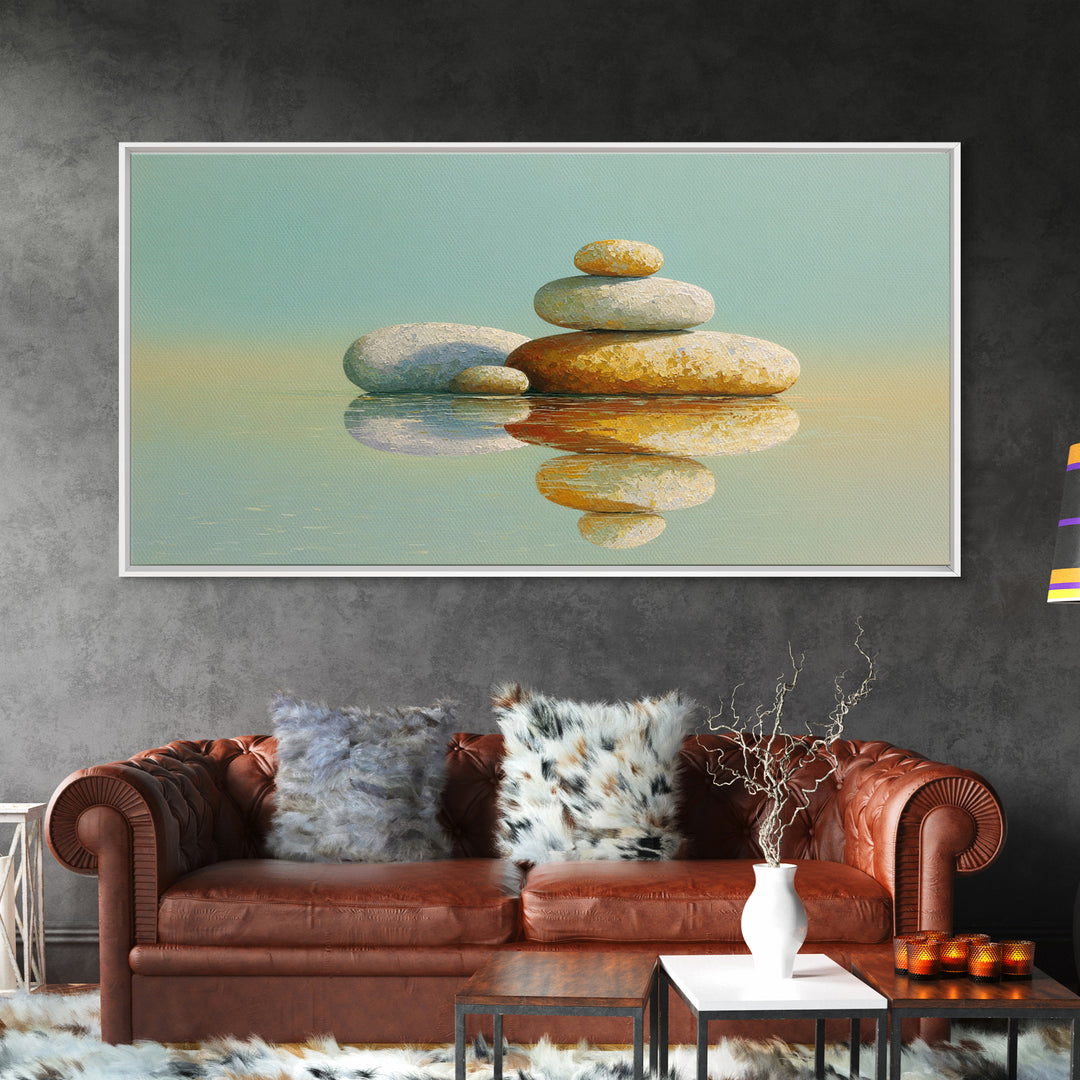 Balanced Stones Beside Calm Water Framed Canvas Print, Yoga Studio Art, Living Room Wall Art, Yoga Studio Decor, Balance, YSA-2x1-72