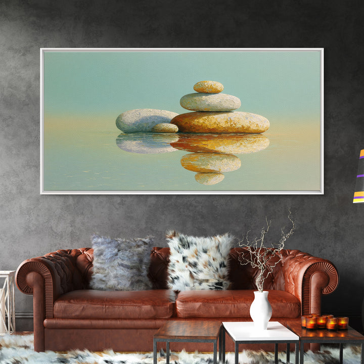 Balanced Stones Beside Calm Water Framed Canvas Print, Yoga Studio Art, Living Room Wall Art, Yoga Studio Decor, Balance, YSA-2x1-72