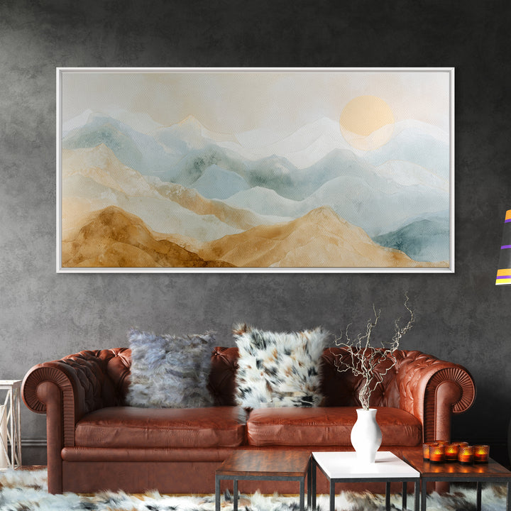Moon Phase Arc Above Mountain Silhouette Framed Canvas Print, Yoga Studio Art, Metal Wall Decor, Yoga Studio Decor, Balance, YSA-2x1-97