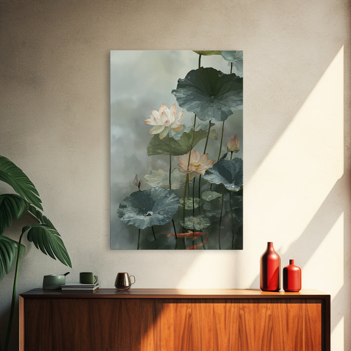 Lotus and Koi Water Scene Framed Canvas Print, Yoga Studio Art, Boho Decor, Yoga Studio Decor, Balance, Bookshelf Decor, YSA-2x3-30