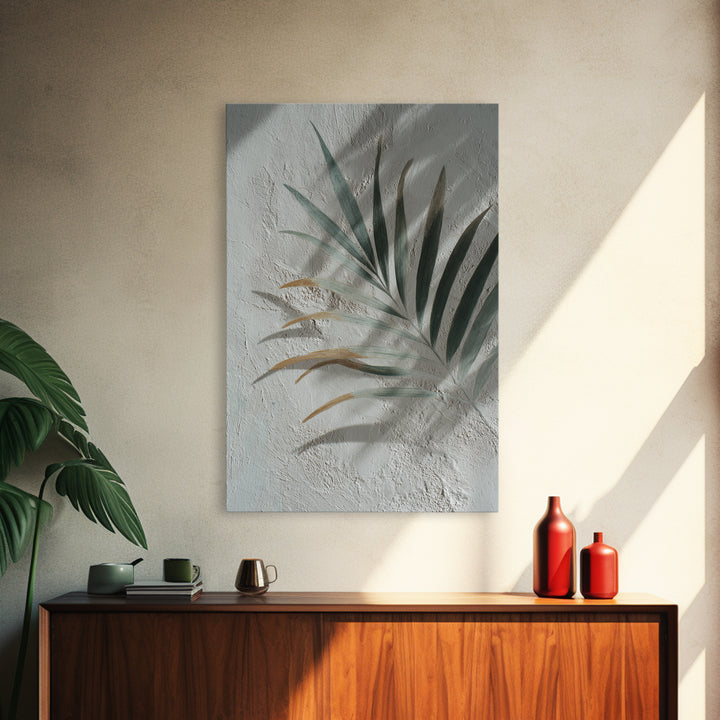 Gentle Palm Leaf Shadow on Plaster Framed Canvas Print, Yoga Studio Art, Yoga Studio Decor, Watercolor Art, Balance, YSA-2x3-80