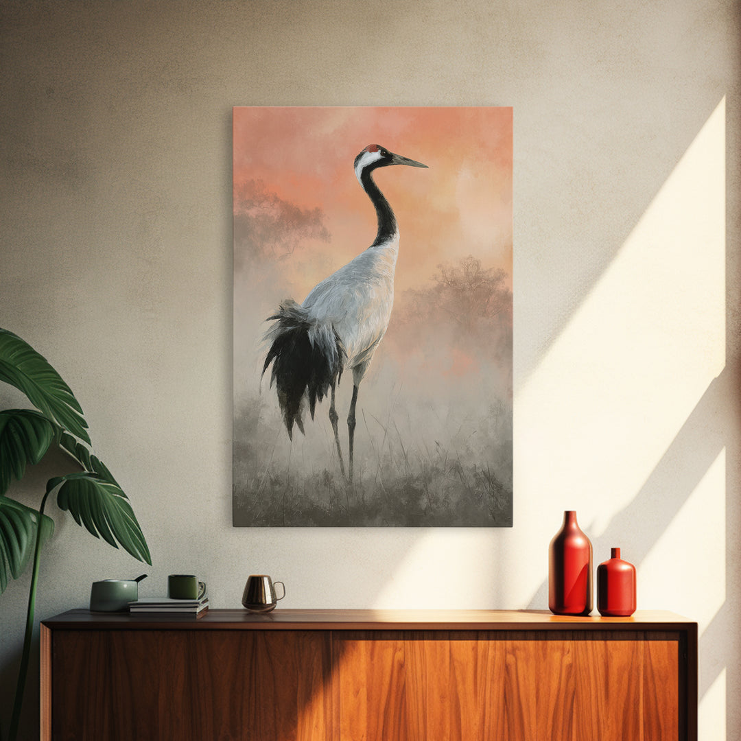 White Crane in Misty Morning Canvas Print, Yoga Studio Art, Mandala Wall Art, Yoga Studio Decor, Oil Painting, Balance, YSA-2x3-95