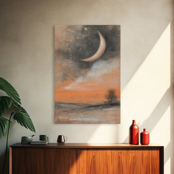 Crescent Moon and Stars Framed Canvas Print, Yoga Studio Art, Printable Wall Art, Yoga Studio Decor, Watercolor Art, Balance, YSA-2x3-98