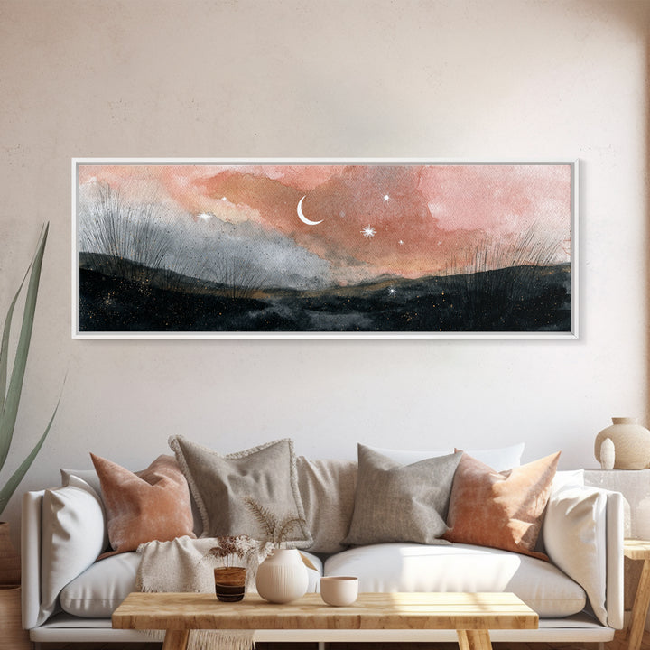 Crescent Moon and Stars Framed Canvas Print, Yoga Studio Art, Home Decor, Yoga Studio Decor, Fine Art, Balance, Custom Wall Art, YSA-3x1-10
