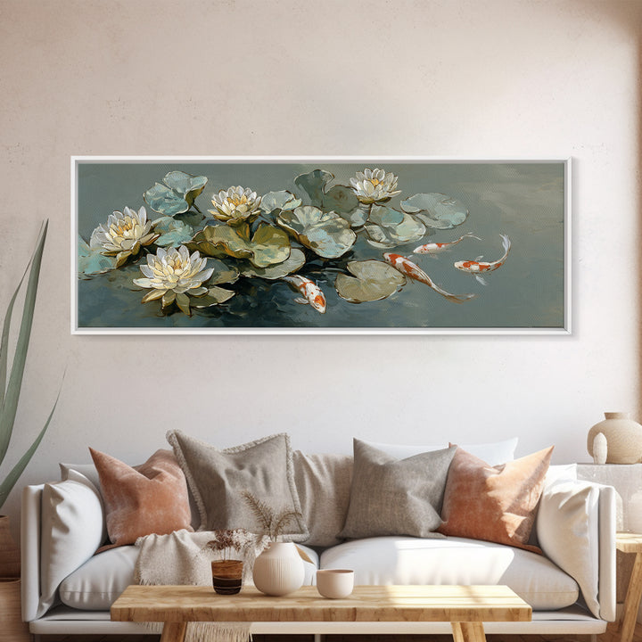 Lotus and Koi Water Scene Canvas Print, Yoga Studio Art, Boho Wall Hanging, Yoga Studio Decor, Fine Art, Balance, YSA-3x1-14