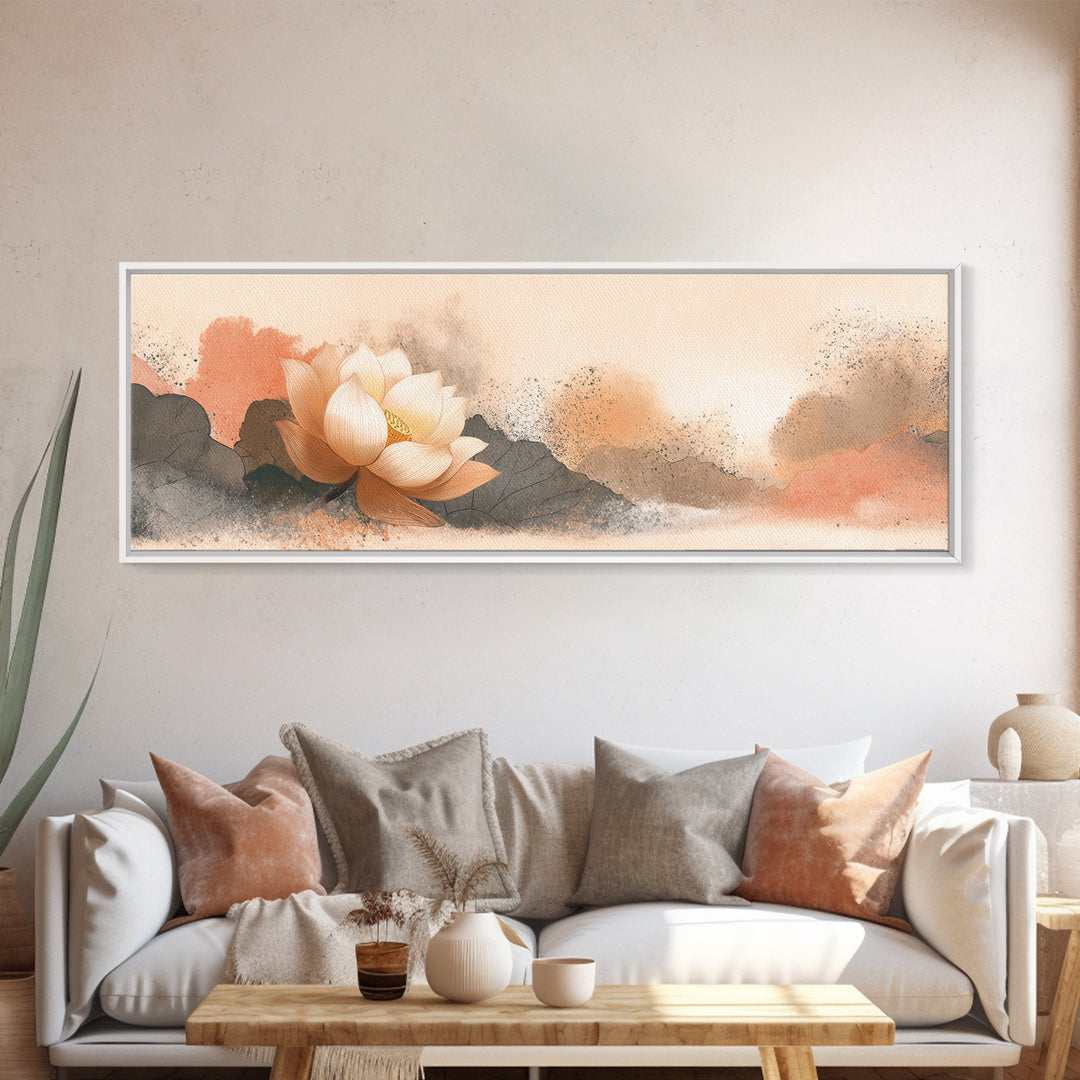 Lotus Flower with Soft Golden Glow Framed Canvas Print, Yoga Studio Art, Wall Art Print, Yoga Studio Decor, Fine Art, Balance, YSA-3x1-67