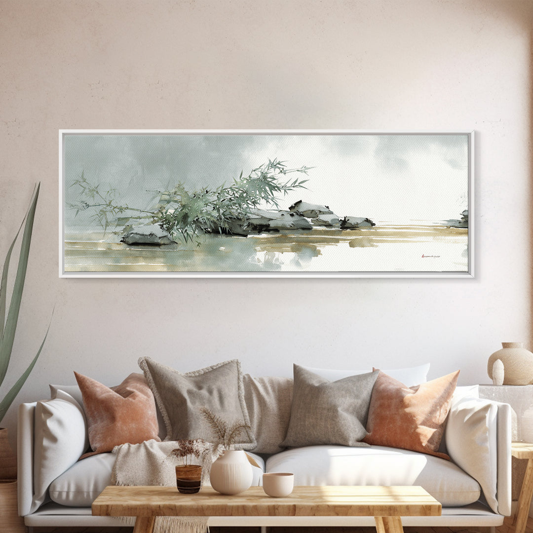 Bamboo and Mist Ink Wash Composition Framed Canvas Print, Yoga Studio Art, Nature Prints, Yoga Studio Decor, Oil Painting, YSA-3x1-74