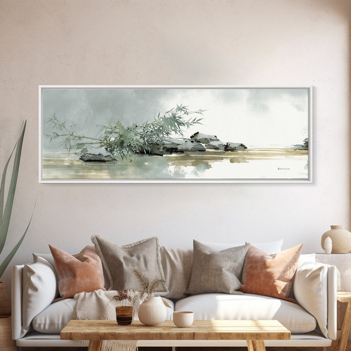 Bamboo and Mist Ink Wash Composition Framed Canvas Print, Yoga Studio Art, Nature Prints, Yoga Studio Decor, Oil Painting, YSA-3x1-74