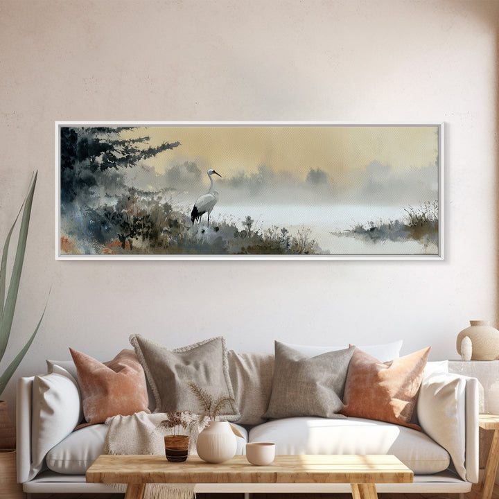 White Crane in Misty Morning Framed Canvas Print, Yoga Studio Art, Minimalist Wall Art, Yoga Studio Decor, Oil Painting, YSA-3x1-79
