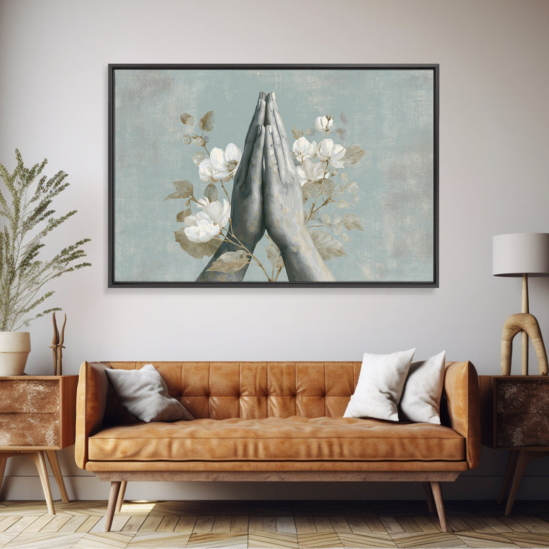 Yoga Hands in Prayer with Small Flowers Canvas Print, Yoga Studio Art, Living Room Wall Art, Yoga Studio Decor, Balance, YSA-3x2-15