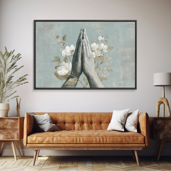 Yoga Hands in Prayer with Small Flowers Canvas Print, Yoga Studio Art, Living Room Wall Art, Yoga Studio Decor, Balance, YSA-3x2-15