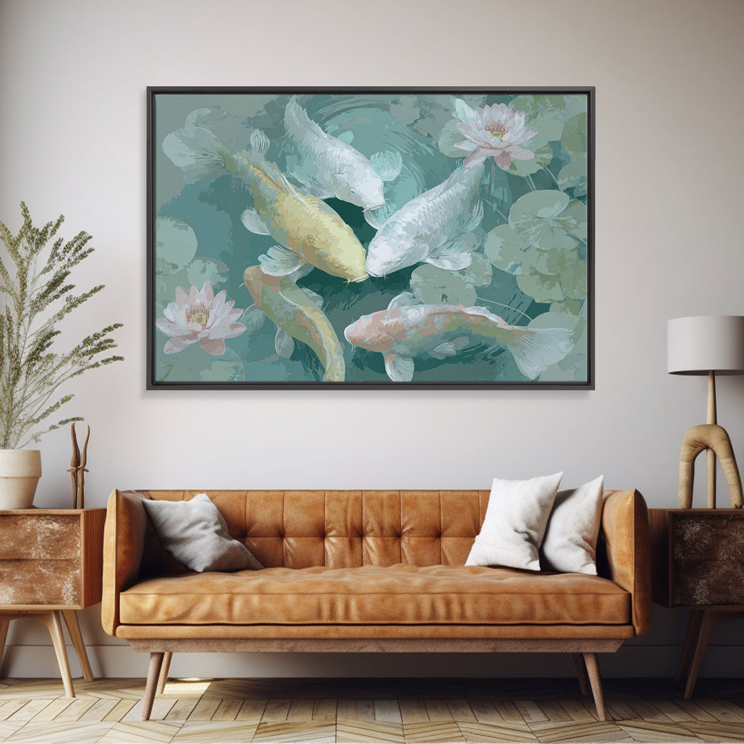 Lotus and Koi Water Scene Framed Canvas Print, Yoga Studio Art, Yoga, Yoga Studio Decor, Fine Art, Balance, Nature Prints, YSA-3x2-2