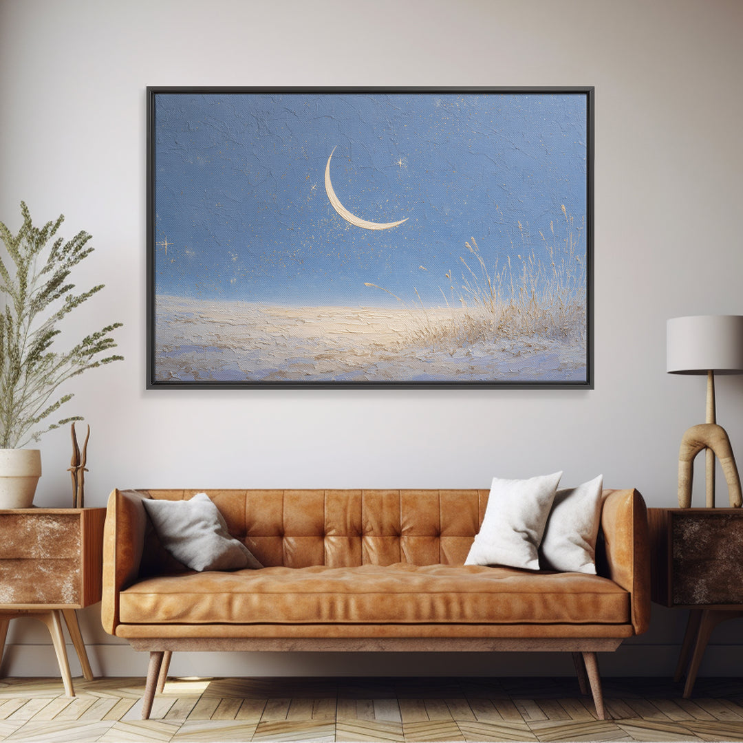 Crescent Moon and Stars Canvas Print, Yoga Studio Art, Living Room Wall Art, Yoga Studio Decor, Oil Painting, Balance, YSA-3x2-22