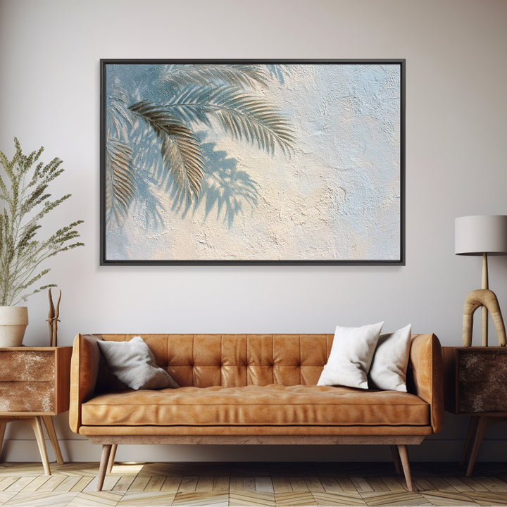 Gentle Palm Leaf Shadow on Plaster Framed Canvas Print, Yoga Studio Art, Minimalist Wall Art, Yoga Studio Decor, Balance, YSA-3x2-28