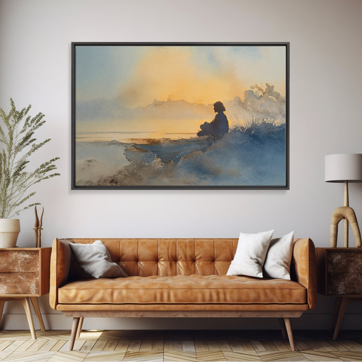 Soft Watercolor Aura Around Seated Figure Canvas Print, Yoga Studio Art, Custom Wall Art, Yoga Studio Decor, Fine Art, Balance, YSA-3x2-3
