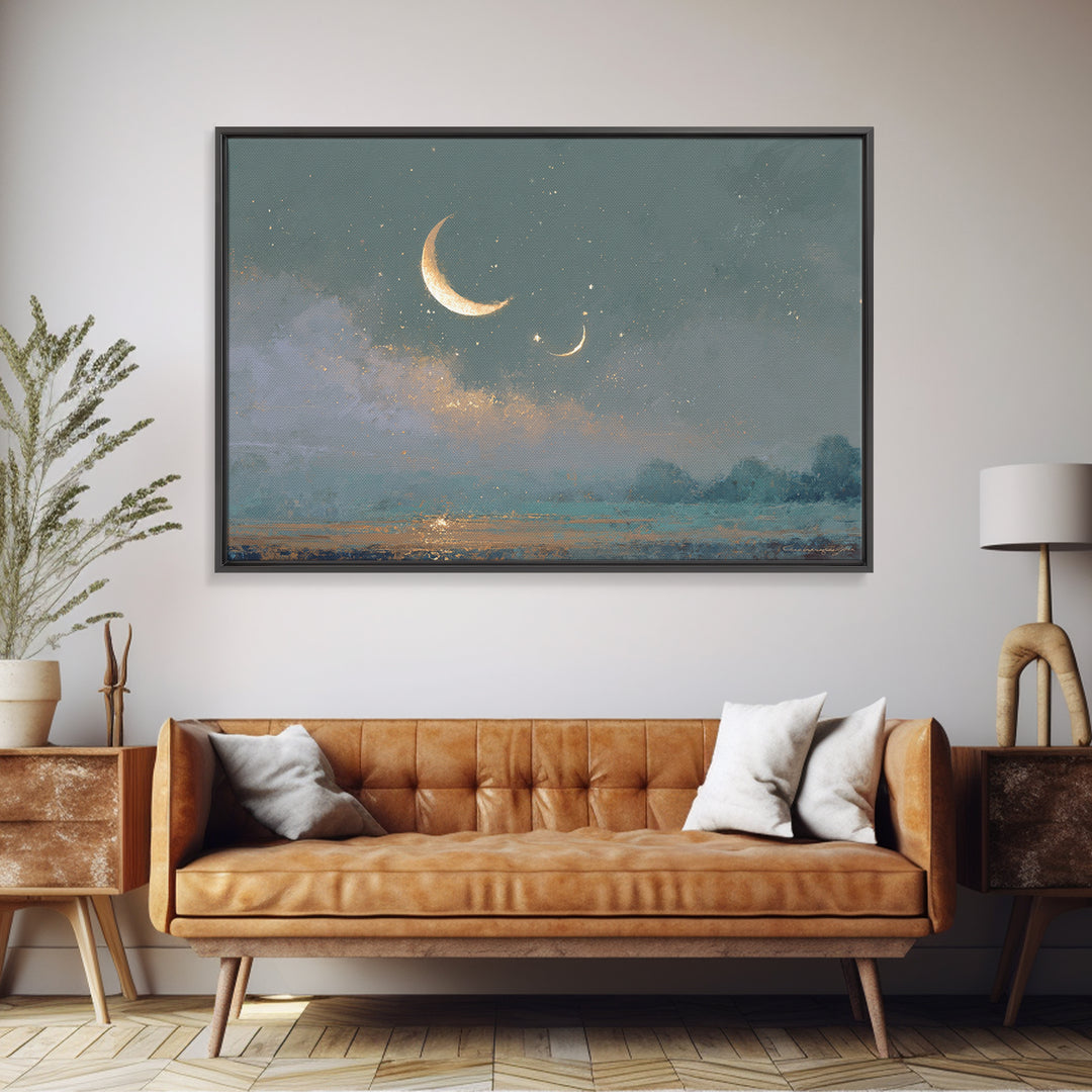 Crescent Moon and Stars Framed Canvas Print, Yoga Studio Art, Large Wall Decor, Yoga Studio Decor, Fine Art, Balance, YSA-3x2-46