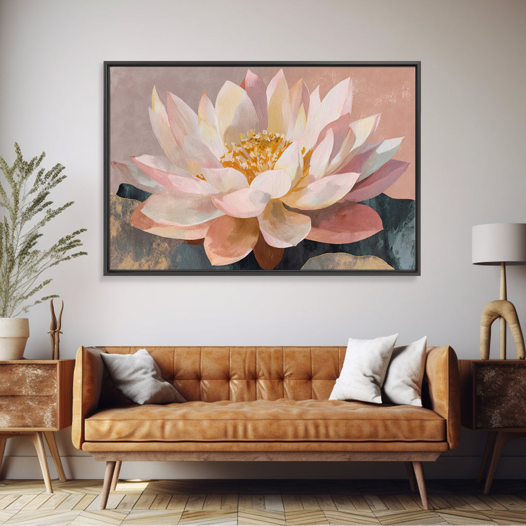 Lotus Flower with Soft Golden Glow Framed Canvas Print, Yoga Studio Art, Yoga Studio Decor, Watercolor Art, Balance, YSA-3x2-55