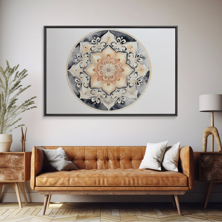 Mandala in Soft Earth Tones Canvas Print, Yoga Studio Art, Black and White Art, Yoga Studio Decor, Oil Painting, Balance, YSA-3x2-61