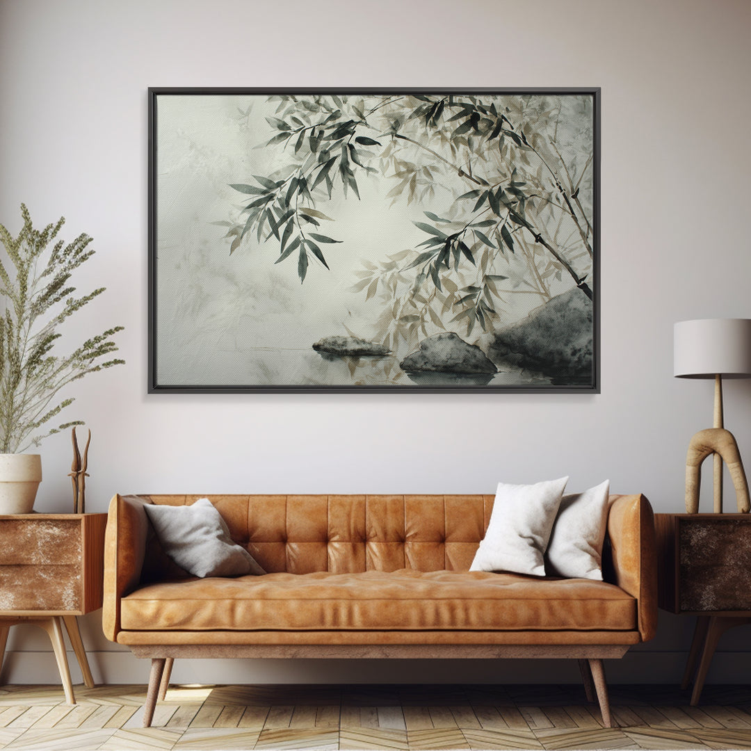 Bamboo and Mist Ink Wash Composition Canvas Print, Yoga Studio Art, Metal Wall Decor, Yoga Studio Decor, Fine Art, Balance, YSA-3x2-62