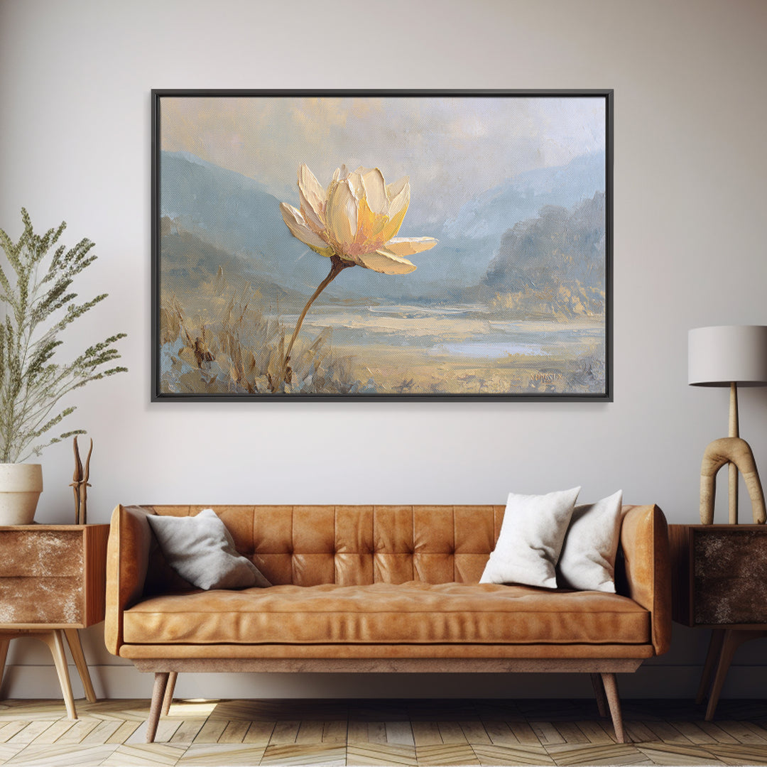 Lotus Flower with Soft Golden Glow Framed Canvas Print, Yoga Studio Art, Feminine Wall Art, Yoga Studio Decor, Watercolor Art, YSA-3x2-79