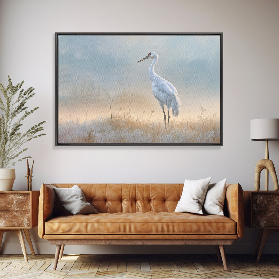 White Crane in Misty Morning Framed Canvas Print, Yoga Studio Art, Art Print, Yoga Studio Decor, Oil Painting, Balance, YSA-3x2-91