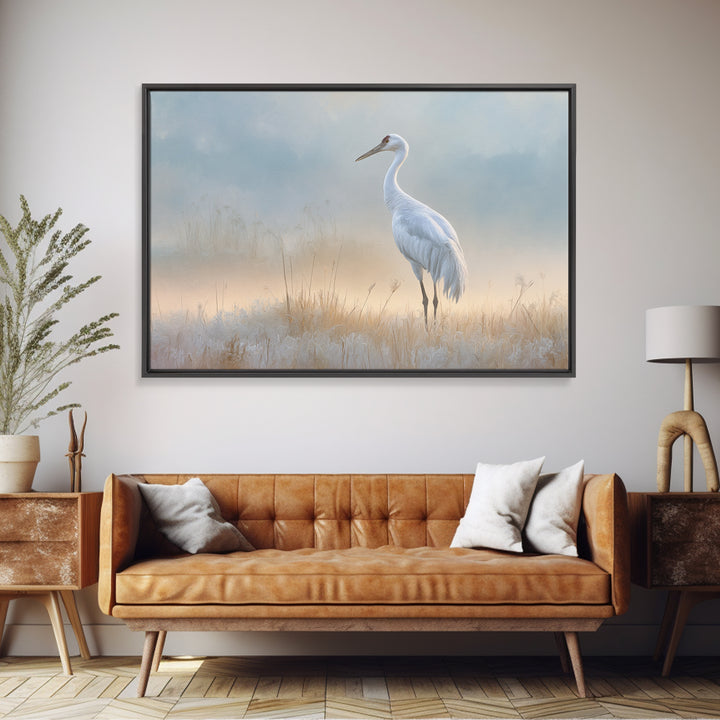 White Crane in Misty Morning Framed Canvas Print, Yoga Studio Art, Art Print, Yoga Studio Decor, Oil Painting, Balance, YSA-3x2-91