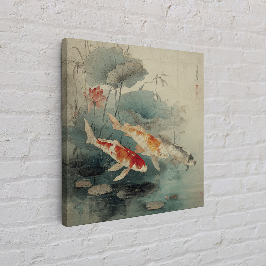 Koi Fish Beneath Floating Lotus Leaves Framed Canvas Print, Zen Art, Metal Wall Art, Living Room Decor, Oil Painting, Zen, ZEN-1x1-28