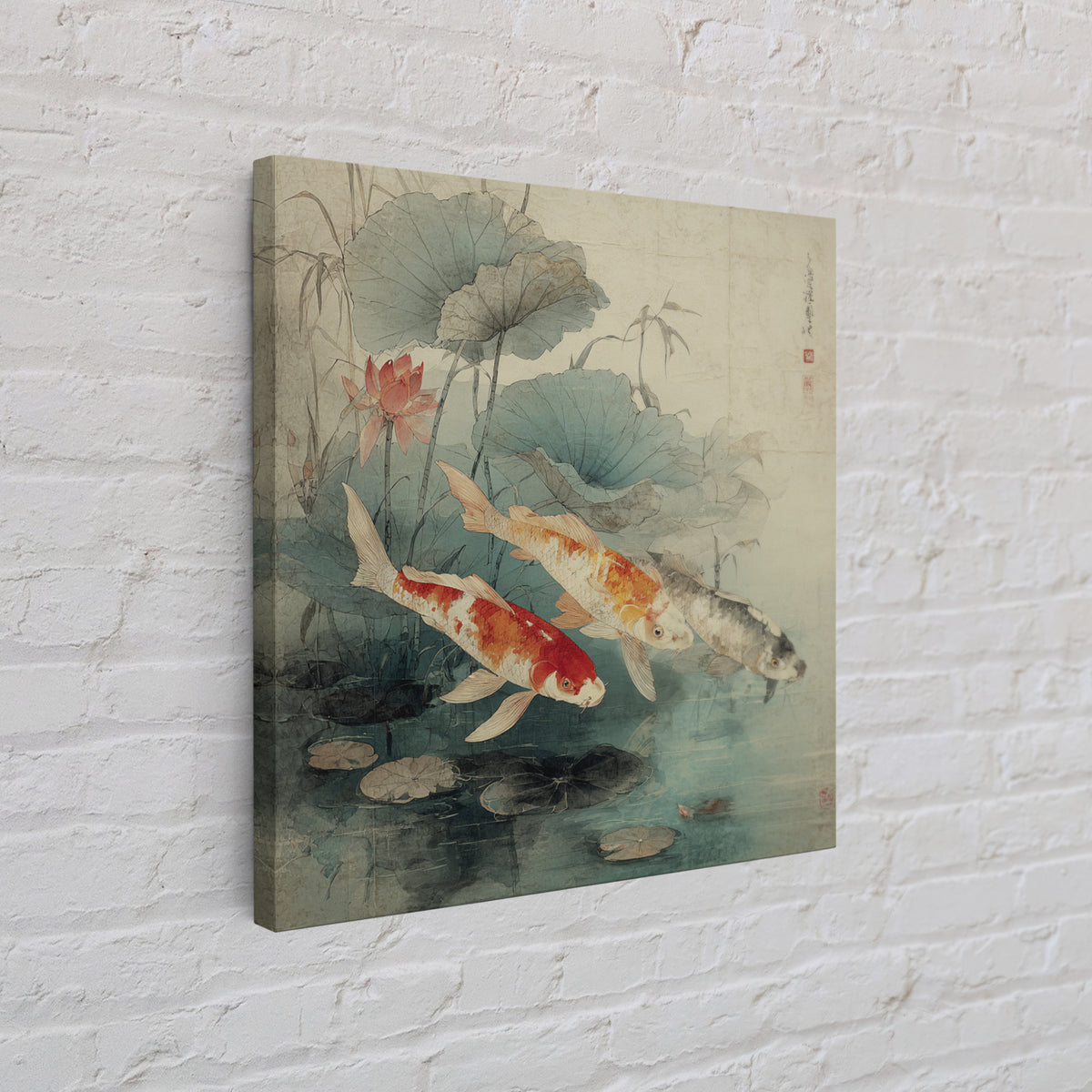 Koi Fish Beneath Floating Lotus Leaves Framed Canvas Print, Zen Art, Metal Wall Art, Living Room Decor, Oil Painting, Zen, ZEN-1x1-28