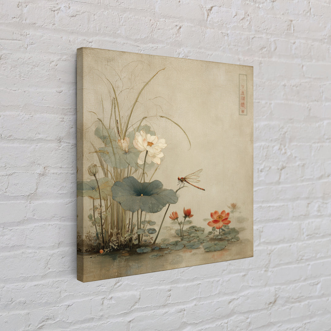 Dragonfly over Lotus Pond Framed Canvas Print, Zen Art, Japandi Wall Art, Living Room Decor, Fine Art, Zen, Neutral Decor, ZEN-1x1-64