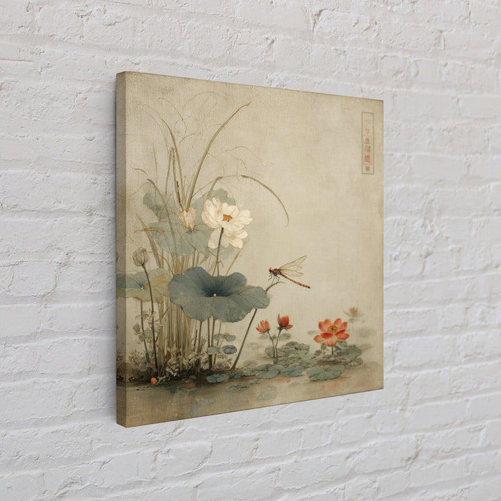Dragonfly over Lotus Pond Framed Canvas Print, Zen Art, Japandi Wall Art, Living Room Decor, Fine Art, Zen, Neutral Decor, ZEN-1x1-64