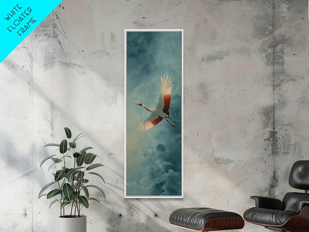 Crane Flying Across Pale Sun Framed Canvas Print, Zen Art, Flower Print, Living Room Decor, Fine Art, Zen, Textured Painting, ZEN-1x3-84