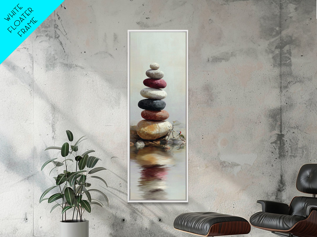 Stacked Stones Beside Still Water Framed Canvas Print, Zen Art, Wall Decor, Living Room Decor, Fine Art, Zen, Japanese Wall Art, ZEN-1x3-87