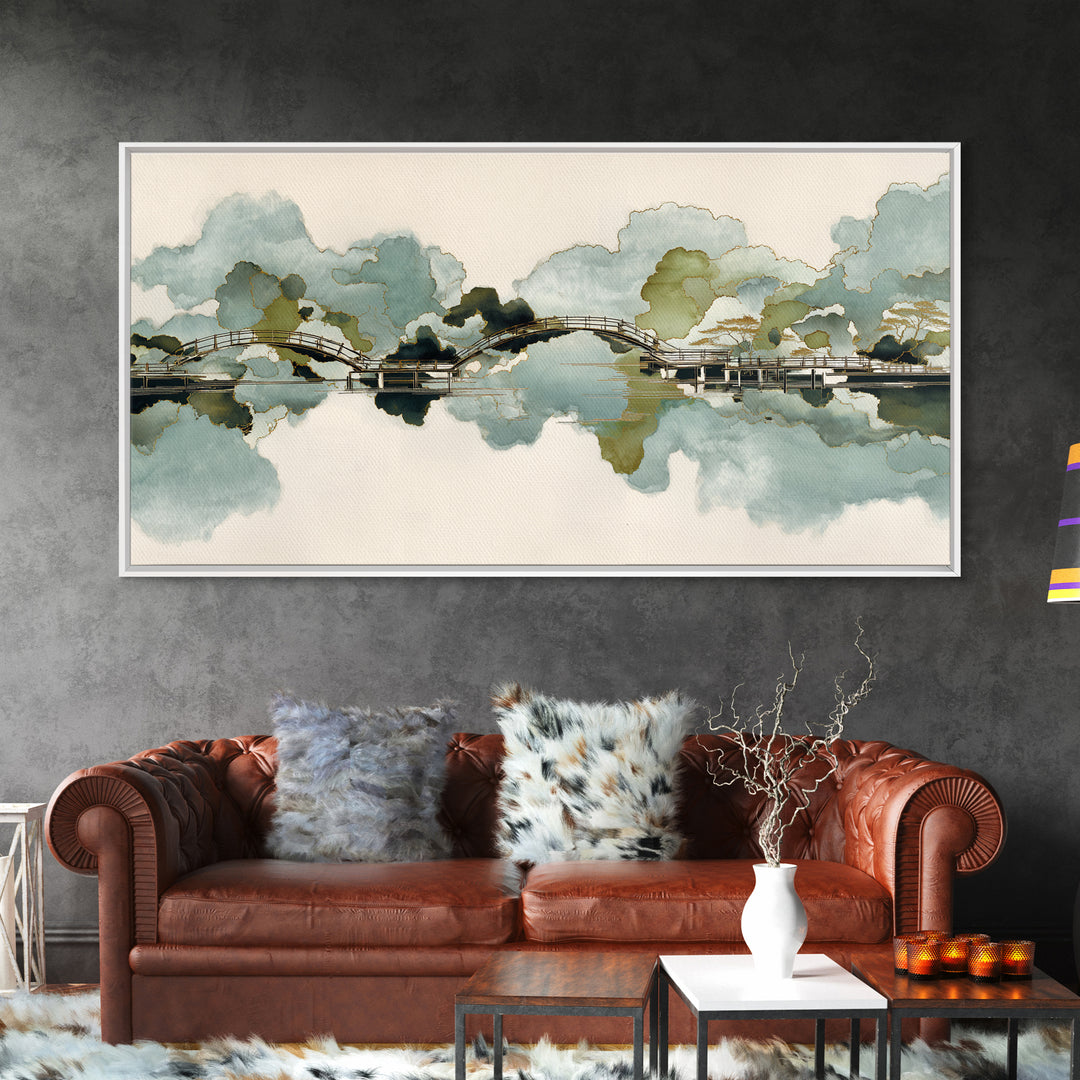 Japanese Garden Bridge Implied Through Shapes Framed Canvas Print, Zen Art, Art Print, Living Room Decor, Watercolor Art, Zen, ZEN-2x1-10