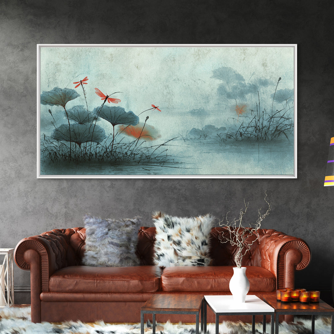 Dragonfly over Lotus Pond Framed Canvas Print, Zen Art, Room Decor, Living Room Decor, Fine Art, Zen, Canvas Wall Art, ZEN-2x1-12